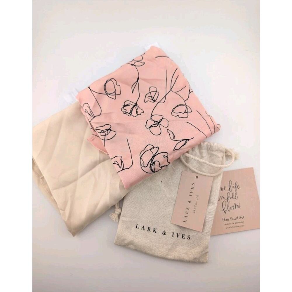 Lark And Ives Hair Scarf Set Pink Beige Flowers Floral Satin Head Wrap